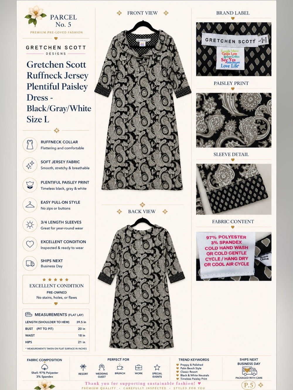 Gretchen Scott Ruffneck Jersey Plentiful Paisley Dress - Black/Gray/White Size L